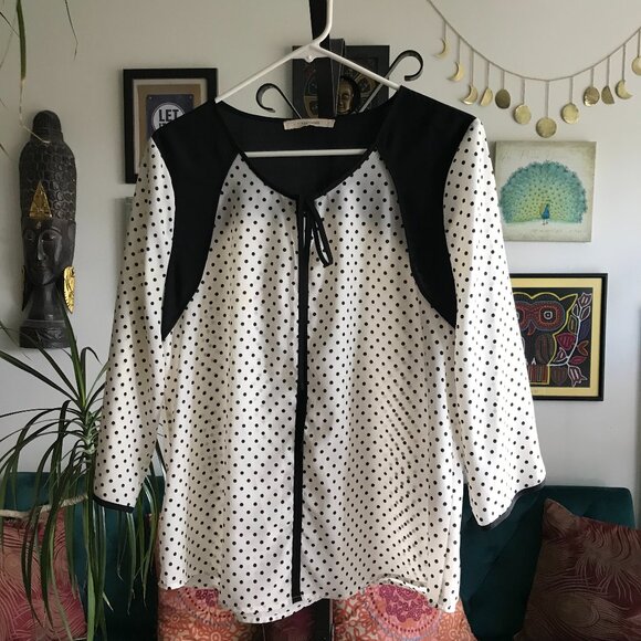 41 HAWTHORN size M Ivory & Black Polka Dot 3/4 Sleeve Popover Blouse Top - Picture 1 of 4